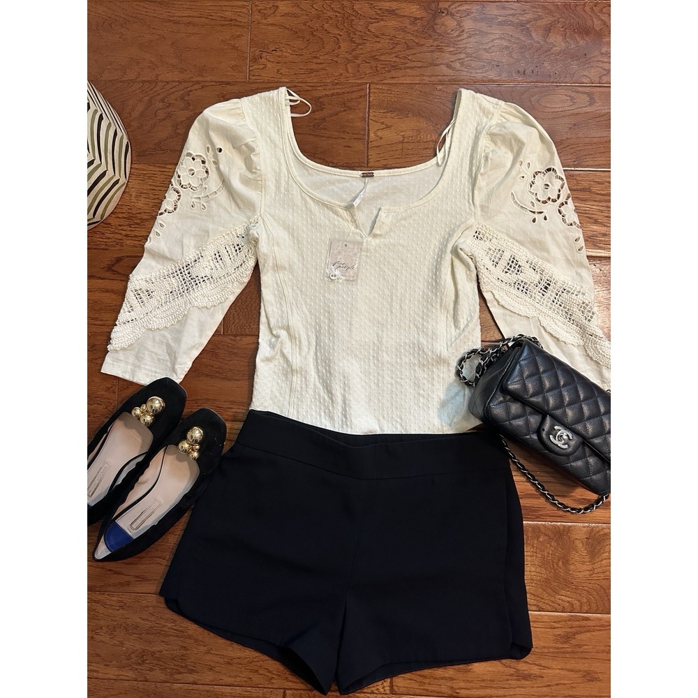 NWT  FREE PEOPLE Brunch Date Ivory Eyelet Lace Sleeve Blouse XS Coquette Boho
